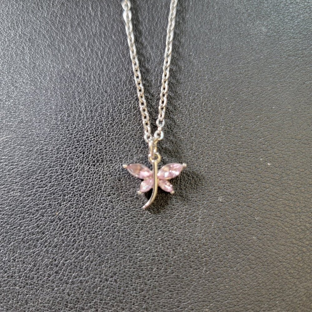 Dragonfly 18" Stainless Silver Necklace Pretty Pink